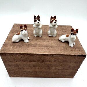 Vintage Japan Porcelain Dog Set Of 4  Puppies Brown White Terrier Figurines ador